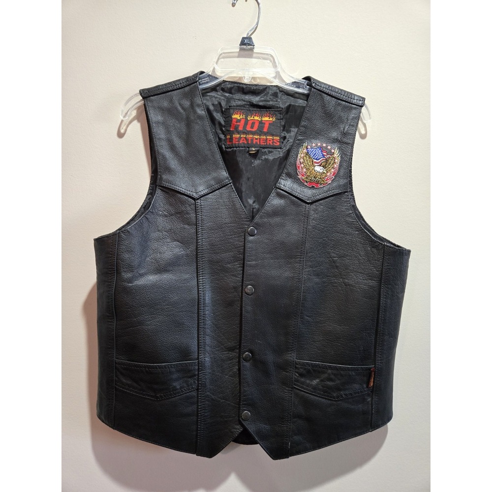 Hot Leathers Men's Large Genuine Leather Motorcycle Vest Eagle American Flag
